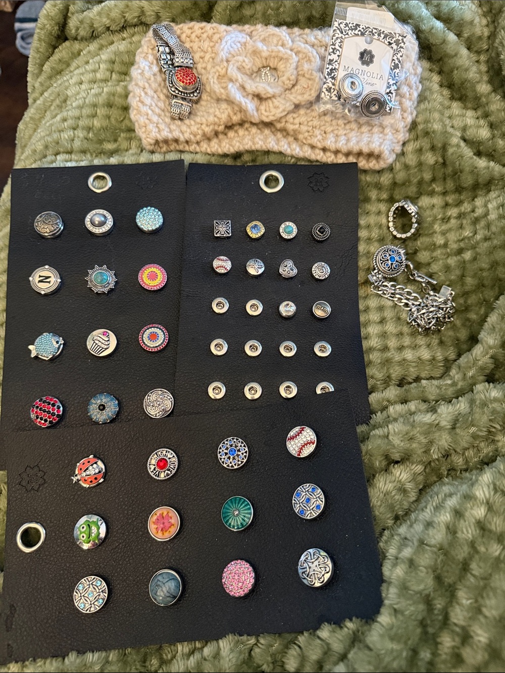 Snap Button Jewelry Set with Neutral Knit Headband - Cream & Silver Accents